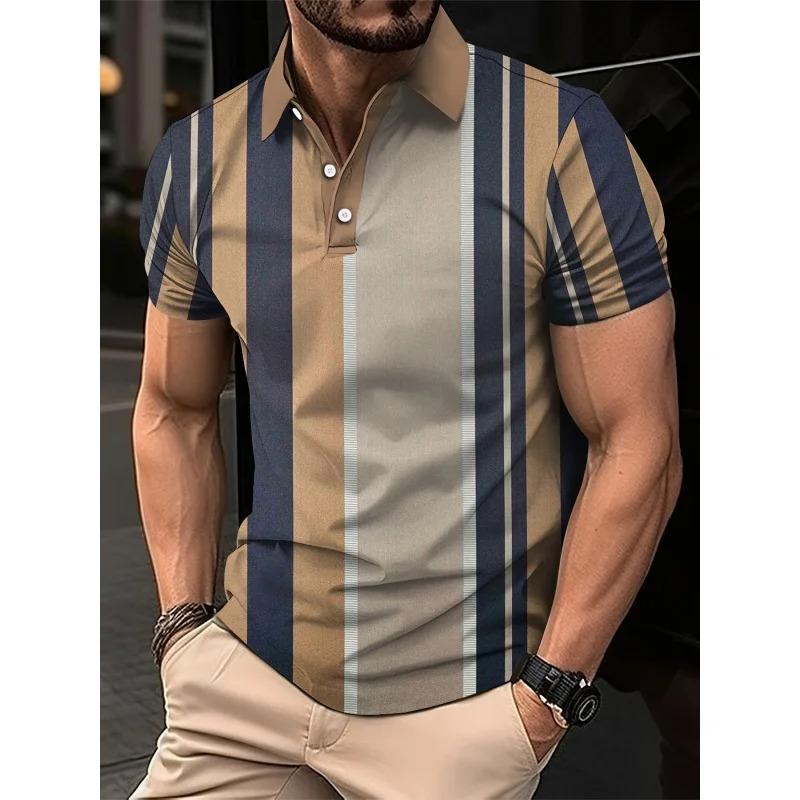 3D printed striped color block men s Polo shirt, colorful pattern T-shirt, summer loose street lapel S