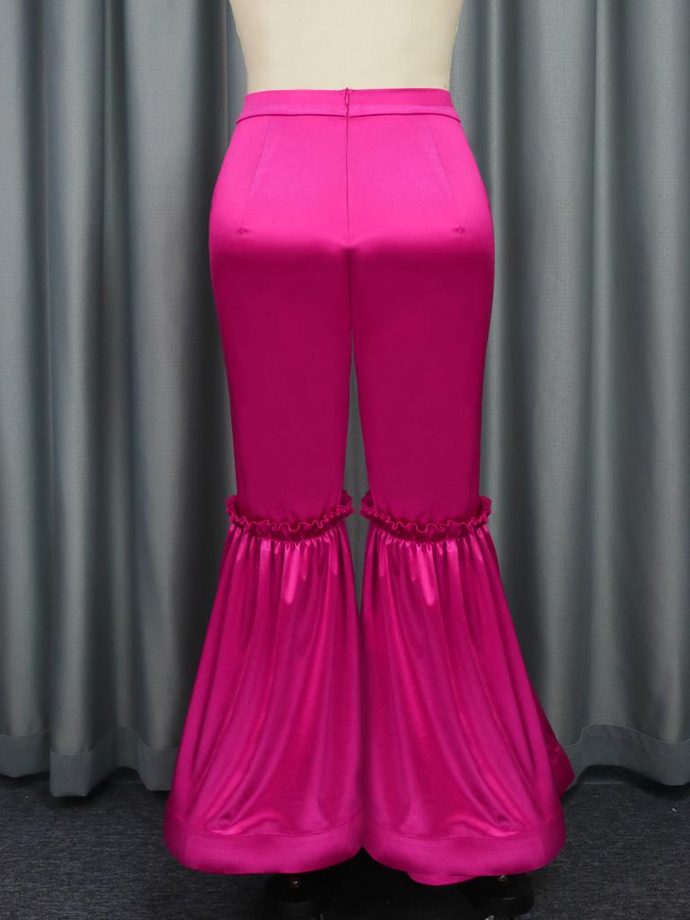 AOMEI Fuchsia Flare Pants for Women Shiny Elastic Satin Back Zipper High Waist Bell Bottoms Dressy Trousers Trendy Capris