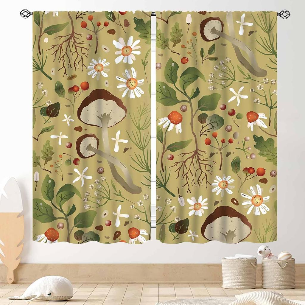 Mushroom Curta, Retro Wild Floral Botanical Mushroom Cottagecore Nature Plants Herbs Farmhouse Blackout Drapes For Kitchen