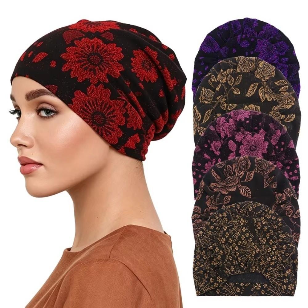 Stretch Fabric Sleep Beanie Cap Glitter Floral Print Hair Care Cap Hijab Inner Undercap Sleep Use