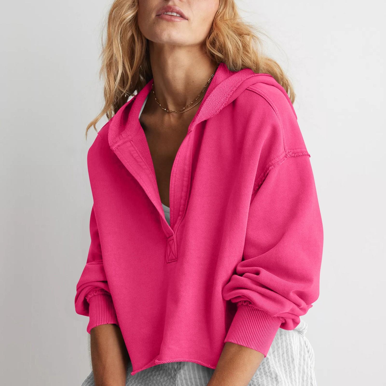 

Женская модная однотонная свободная кофта с V-образным вырезом и длинными рукавами, короткая толстовка с капюшоном L горячий розовый