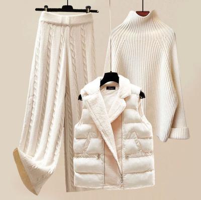 Women's Thickened Vest Turtleneck Knitted Sweater Wide Leg Pants Three Piece Autumn Winter Suit