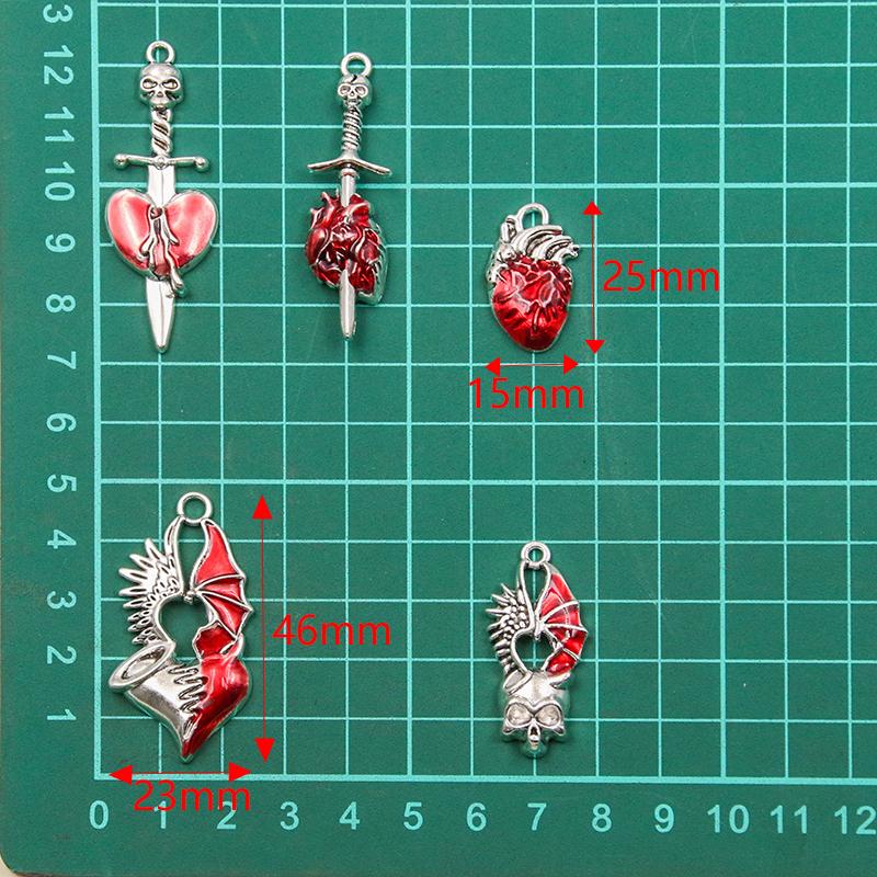 10Pcs Mix Size Alloy Metal Drop Oil Hollow Heart Skull Charm Red Color Pendant For Enamel DIY Bracelet Necklace Jewelry Making