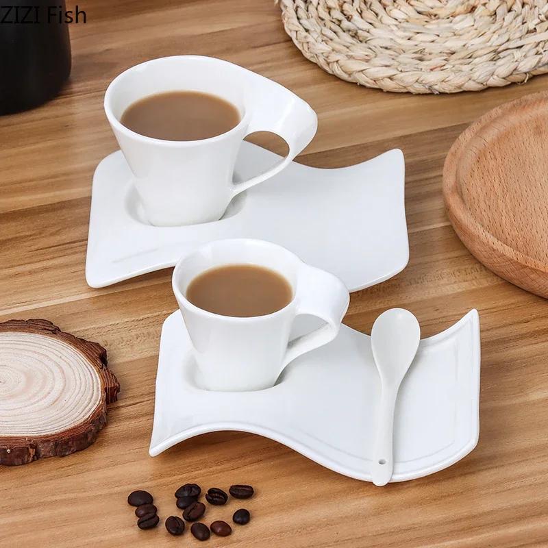 Creative European-style Ceramic Coffee Cup and Saucer Set Home Office Water Cup Tea Cup Simple Wave Mug Solid Color Drinking Set