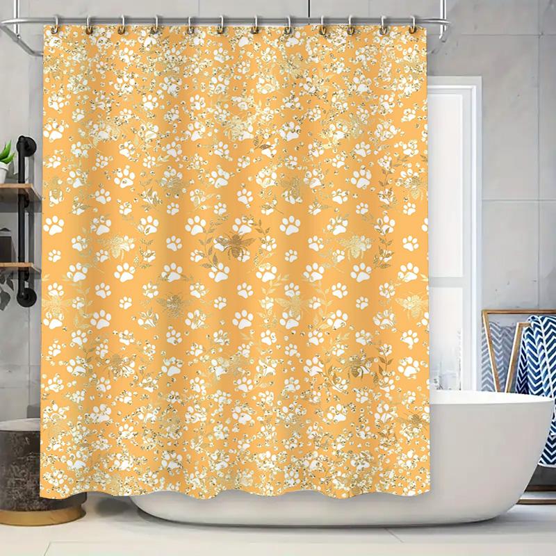 

Шторка для душа с отпечатками лап питомца Желтый цветочный узор Декор для ванной комнаты Размер на заказ Водонепроницаемая ткань Идеальная идея подарка для 90x180cm