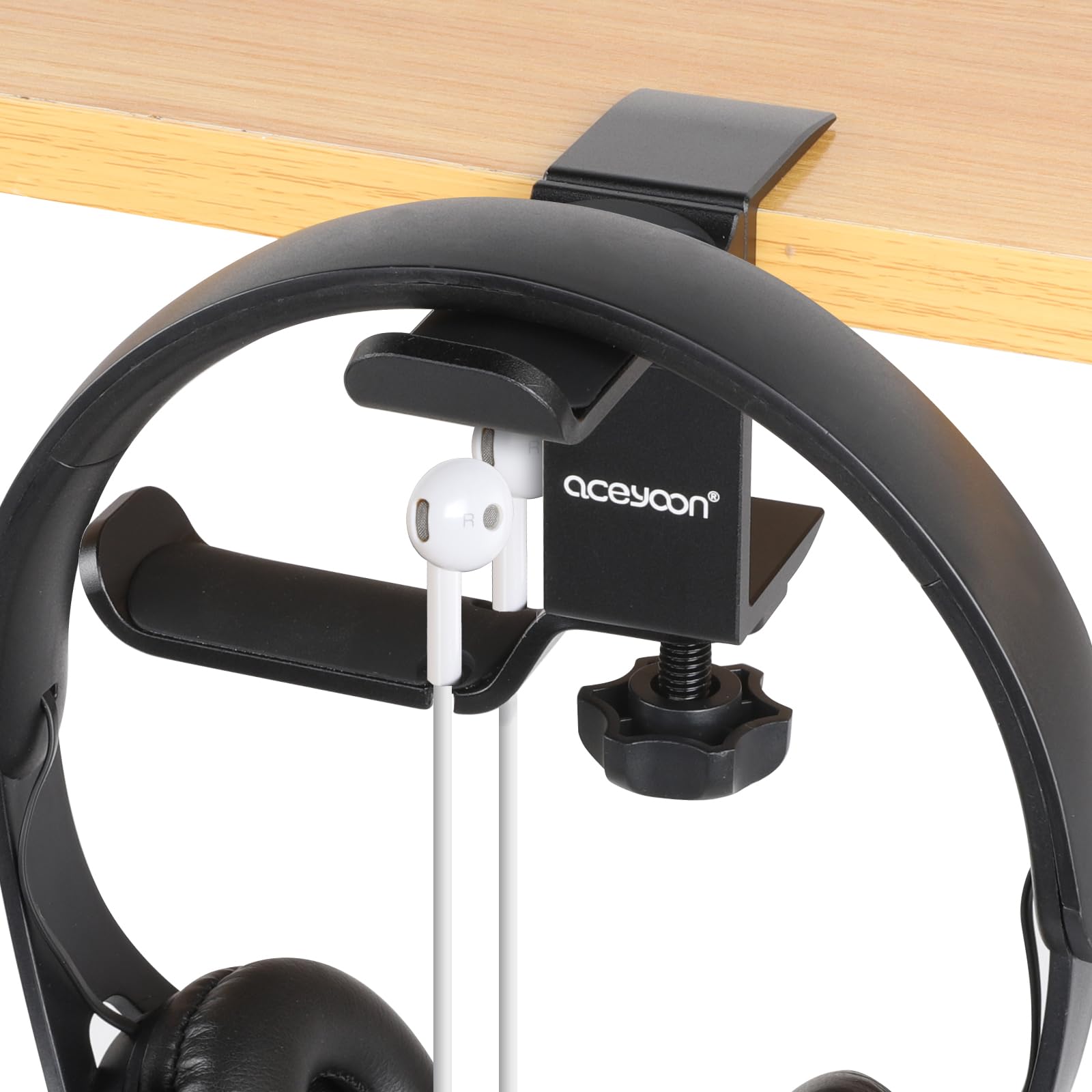 

aceyoon Headphone Holds 2 Dual Headphone No Drilling Clamp 360 Degree Storage Compatible with Bags and Black Stand, Under-Desk Type, Headphones, чорний