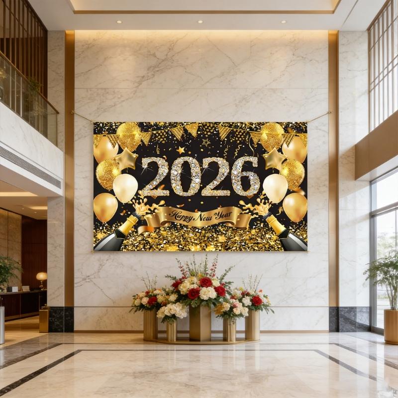 Happy New Year 2026 Banners With Balloon Pattern Decoration For Outdoor Indoor Festives Event Photoshoot Backdrop Favor