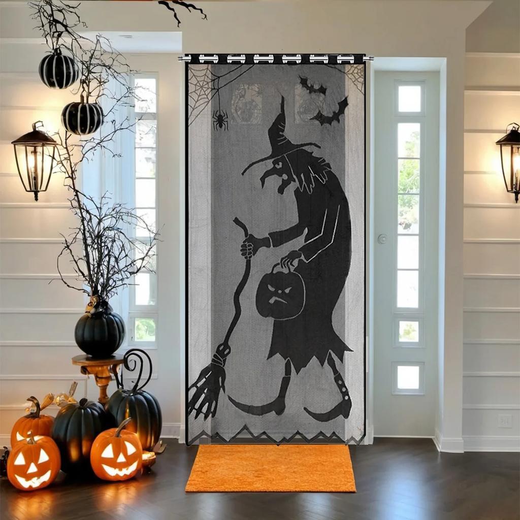 Haunted House Spider Web Curtains Bat Motif Black Lace Gothic Door Window Panel Scary Halloween Seasonal Decoration Drapery