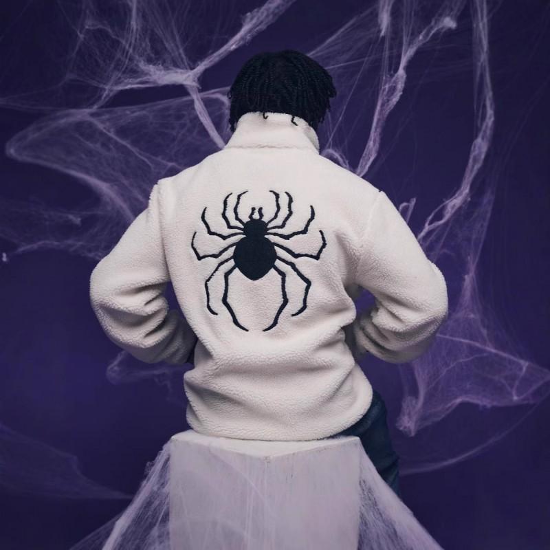 Winter Fleece Zip Up Cardigan Spider Letter Embroidery Streetwear Men Women