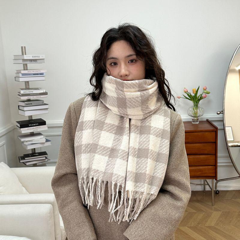Women's Faux Cashmere Plaid Scarf - Korean Style, Thick & Warm Autumn/Winter Shawl