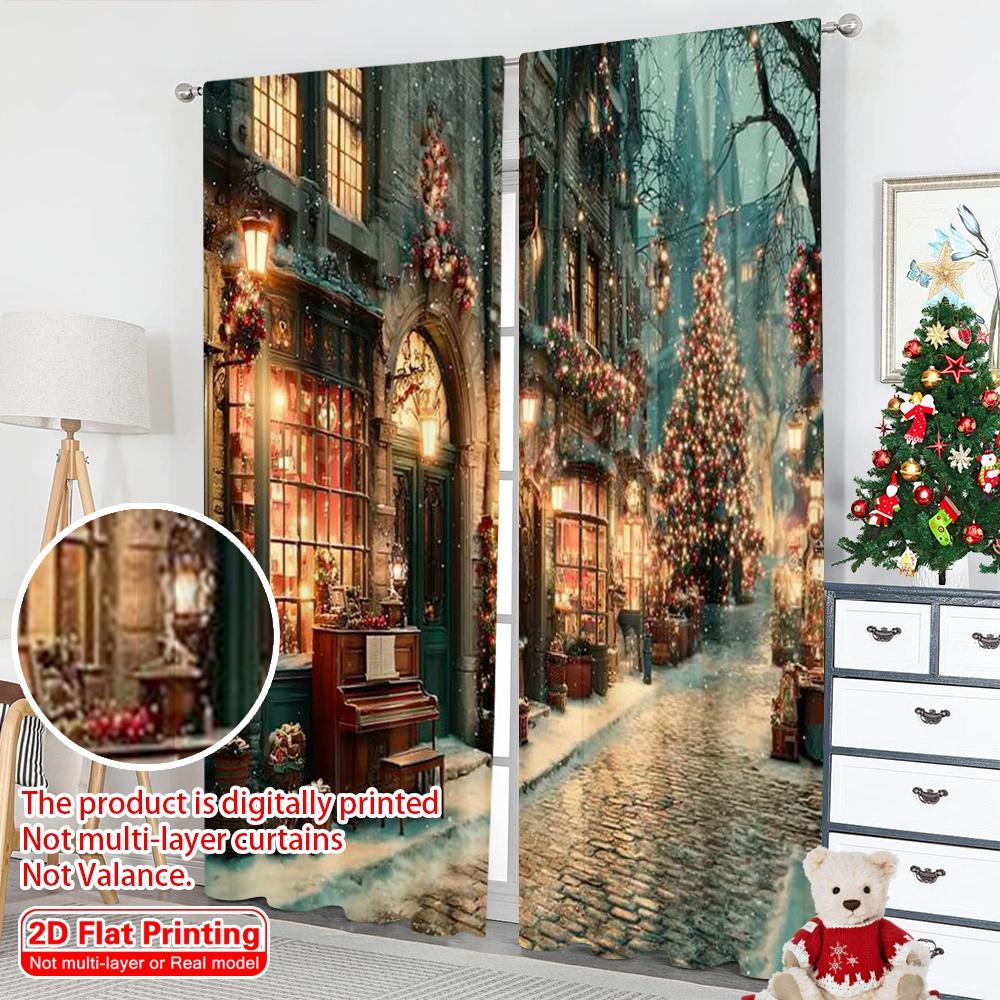 2pcs 2D flat printing Merry Christmas Curtains snowy street scene Durable 100% Polyester Fabric Without Electricity Festive