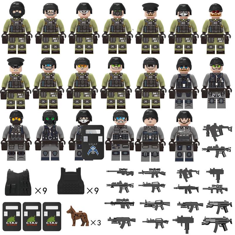 24 Building Block Minifigures Black Swat Special Forces Riot Military Scene Boy Toy Pyp