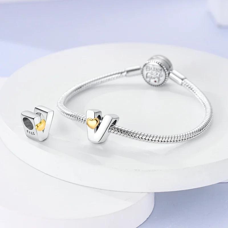 Silver 925 26 Alphabet Letters Charm Heart Love Bead for Charms Bracelets for Women DIY Fine Jewelry Gifts