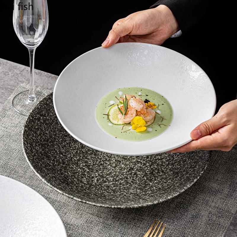 Kreativt Stengodsmönster Keramisk Djup Tallrik Restaurang Tjock Sopptallrik Salladstallrik Pastatallrikar Serveringstallrikar Utvald Servis