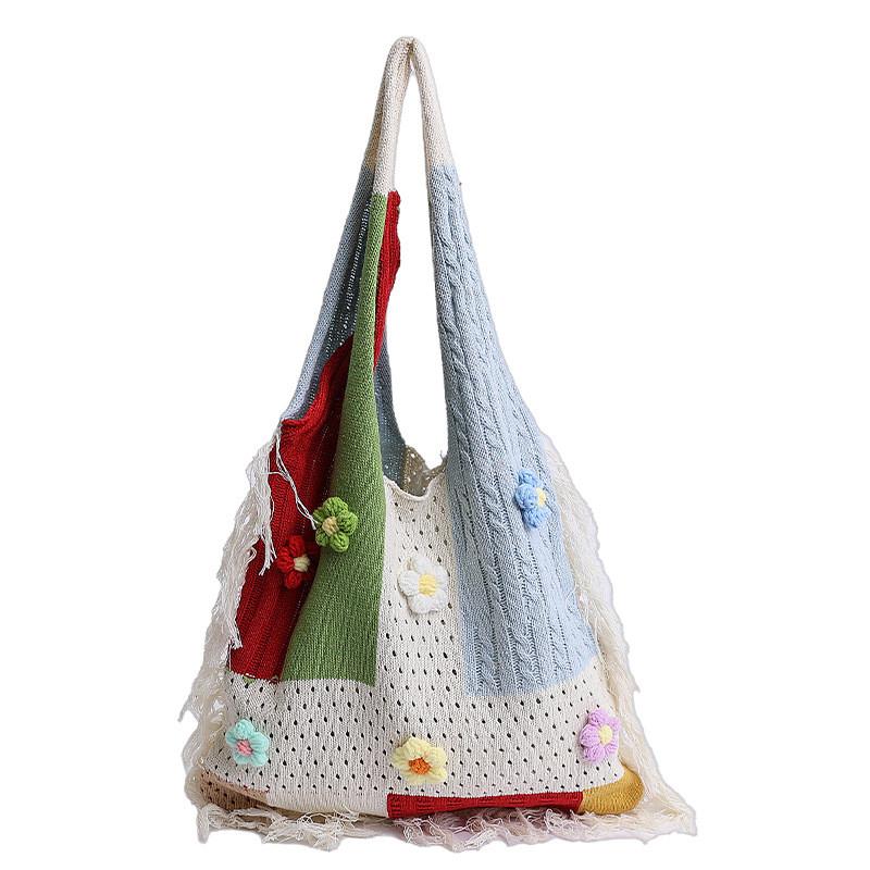 Cotton Casual Tote Bag With Contrasting Color Blocking For Daily Use