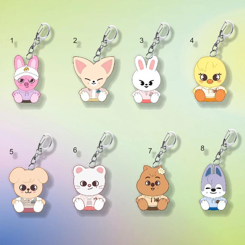 8pcs Stray Kids SKZOO Casual Outfit Keychain, Kawaii Sitting SKZOO Characters Acrylic Pendant, Kpop Fans Cute Bag Charm