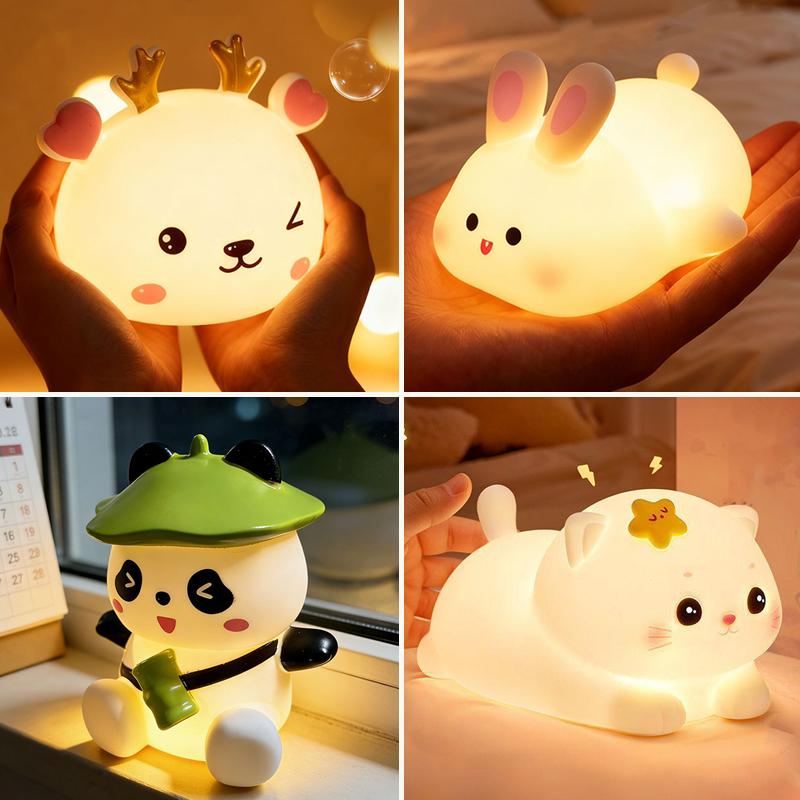Cute Panda Sheep Rabbit Silicone Night Light USB Rechargeable Touch Dimmable Lamp for Kids Children Holiday Birthday Gift