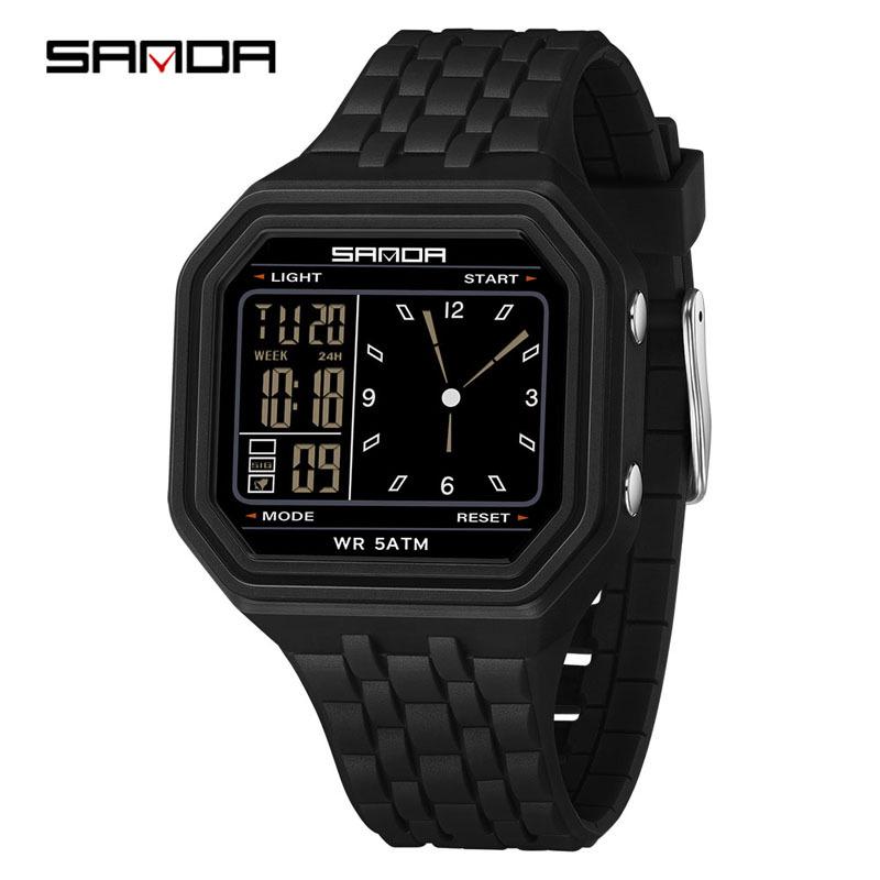 Sanda Creative Square Multifunctional Dual Display Student Watch - Countdown, Alarm, Waterproof, Trendy Electronic Timepiece.