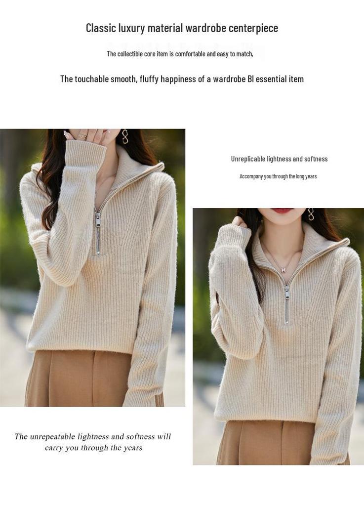 Women's Pure Wool Loose Fit Lapel Pullover Sweater - Versatile Semi-High Neck Knitwear for Autumn/Winter.