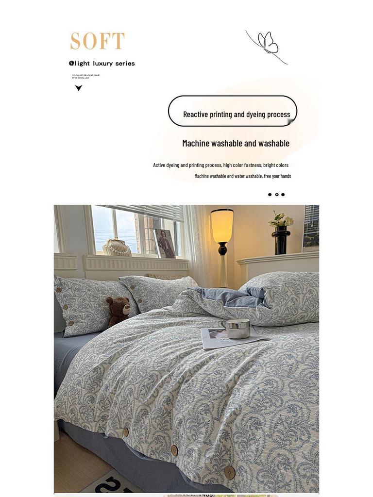 Retro Floral Linen Bedding Set: Autumn & Winter 4-Piece with Button Duvet Cover & Sheet