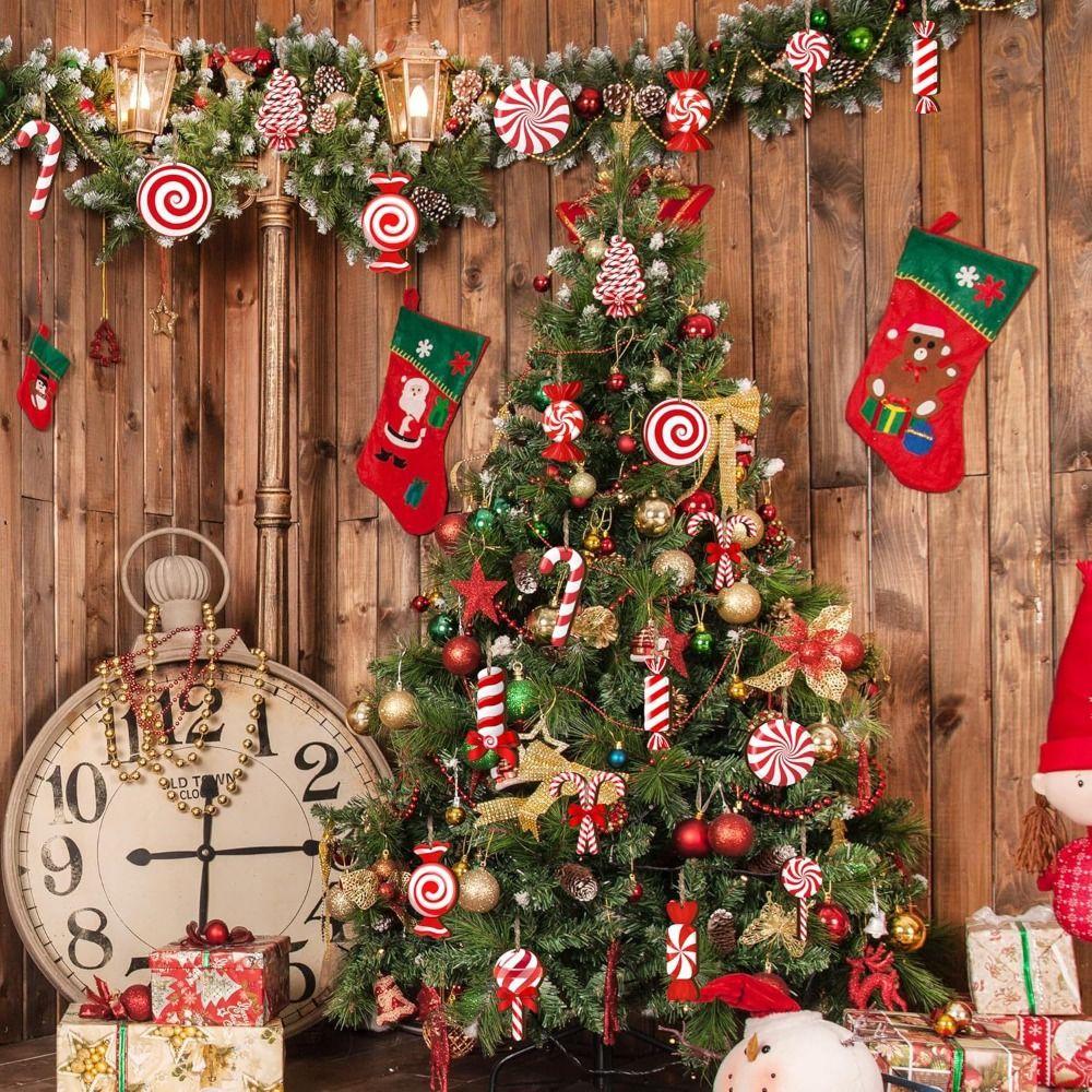 12 Stück Holz Weihnachtsanhänger Rote Zuckerstange Dekoration Neue Hängeornamente Neujahr