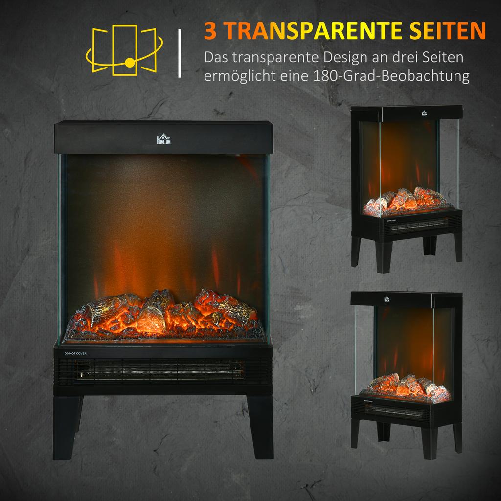 Kominek elektryczny, 2000 W, wolnostojący z ogrzewaniem, efekt płomienia LED 3D, 4 poziomy jasności, z termostatem, zabezpieczenie przed przegrzaniem, czarny