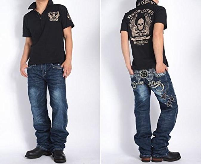 Vanson Flying Star Embroidered PU Leather Distressed Denim Pants & SP-B-15 (Size 30, Indigo)