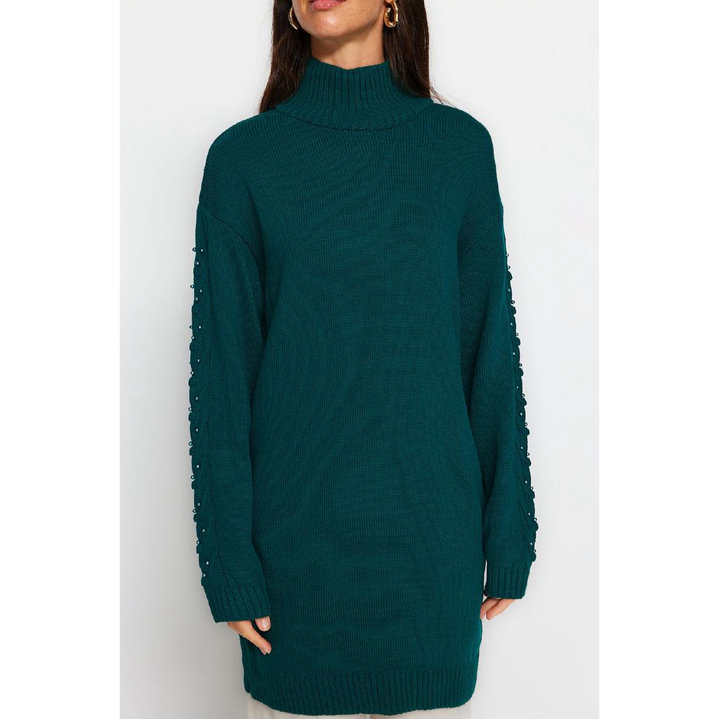 Pulover de tricotaj cu perle cu mânecă verde închis Tctaw24ak00129
