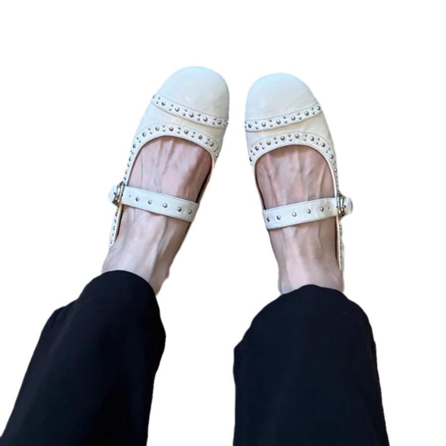 Sheepskin Version~ French Retro Rivet Mary Jane Women's Shoes Shallow Mouth One-word Buckle Single Shoes Versatile Flat Ballet Shoes