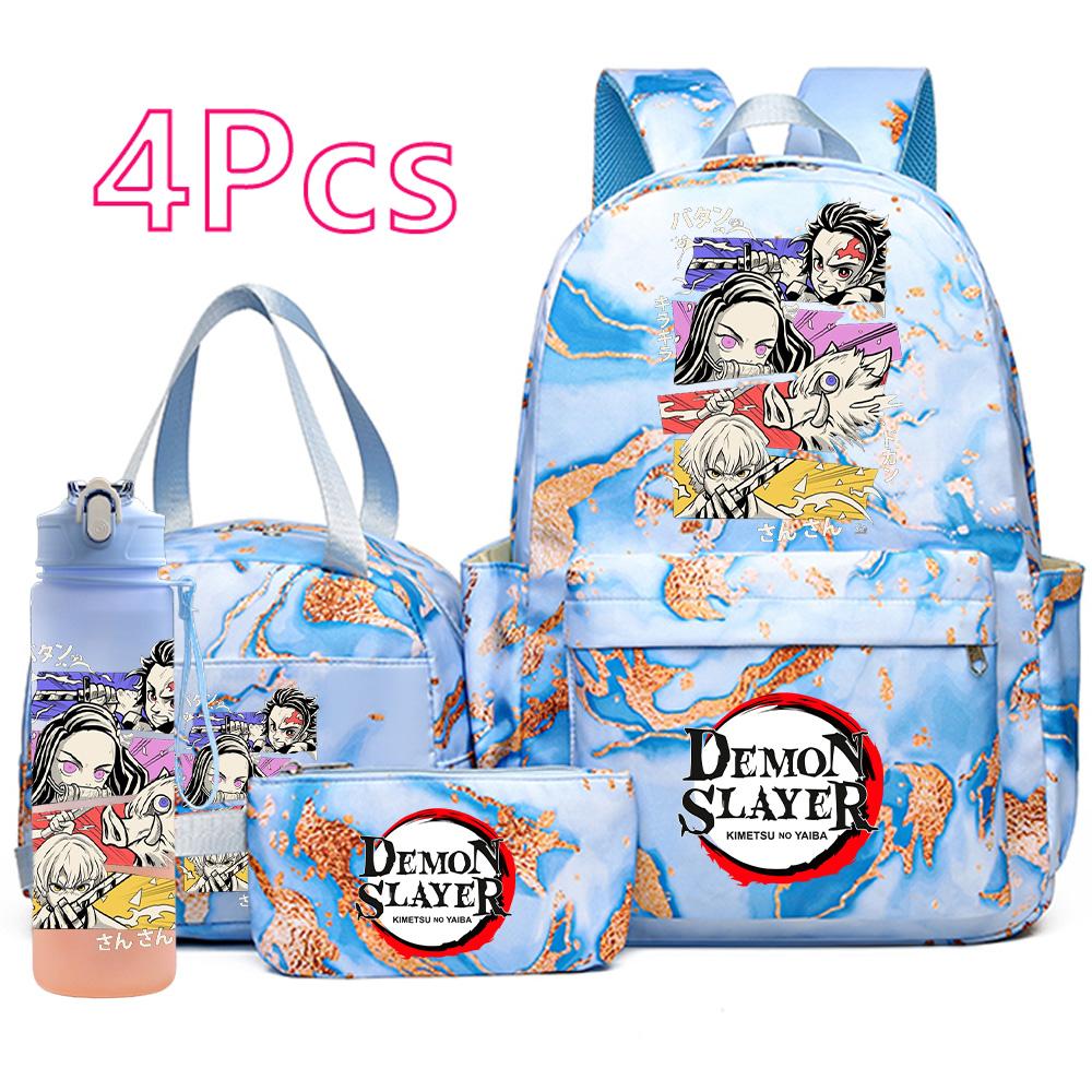 4 Pièces/ensemble Anime Demon Slayer Sac à Dos Imprimé Sac à Main Trousse à Crayons avec Bouteille d'Eau 750ml pour Adolescent Garçon Fille Grande Capacité Sac d'École Imperméable