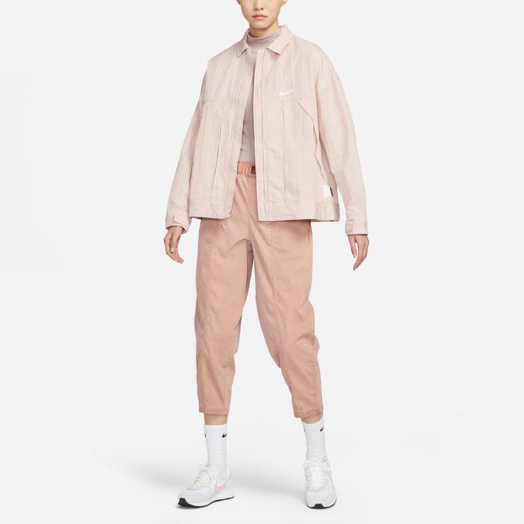 Nike Logo Print Zip-Up Collared Woven Jacket Women Jackets Oxford-Pink FD9929-601