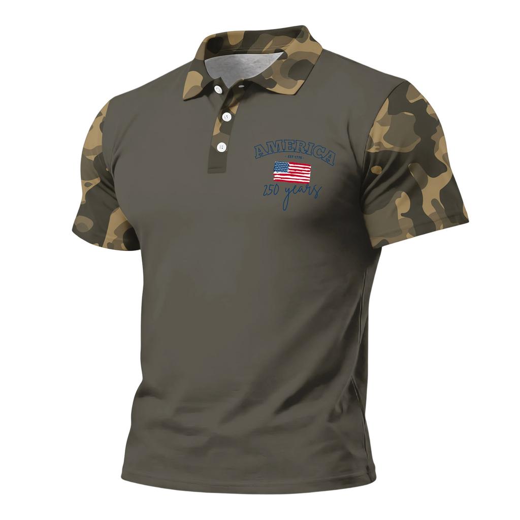 Men's Loose Fit Casual Polo Shirt Short Sleeve Flag Print Button Down Collar Lightweight Breathable Fabric Summer Top
