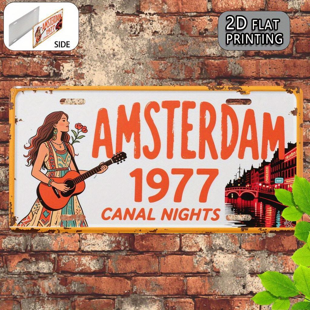 Amsterdam Canal Nights Vintage License Plate Style Aluminum Metal Sign Retro Bohemian Guitarist Dutch Travel Souvenir Wal