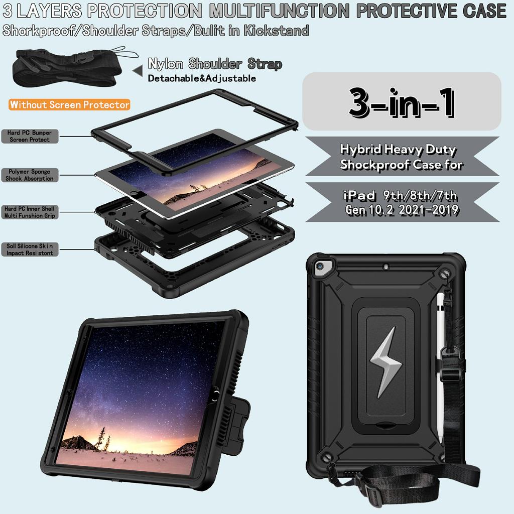 Tablet Case For iPad 10.2 (2021)/(2020)/(2019)/Pro 10.5-inch (2017) Kickstand PC + Silicone Cover with Shoulder Strap
