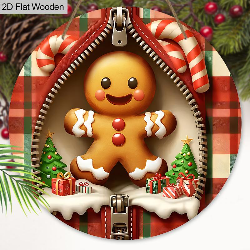 Christmas Wooden Sign with Adorable Gingerbread Man Pattern - Navidad Round Sign for Front Door, Wall Hanging Decor - Ideal Christmas Decoration