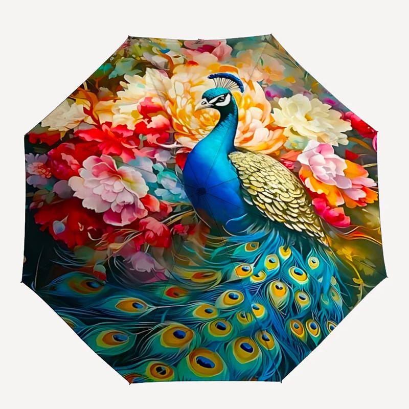 1pc Peacock Floral Outdoor Umbrella Automatic Opening/Closing, Foldable Design, 8-Rib Iron Frame, Festival Gift for Fans, Travelers, Daily Use.R0