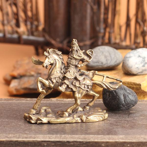 1PC Brass Chinese God of Wealth Riding Horse Guan Gong Statue Home Decoration Accessories Copper Office Desk Decor Buddha Ornaments