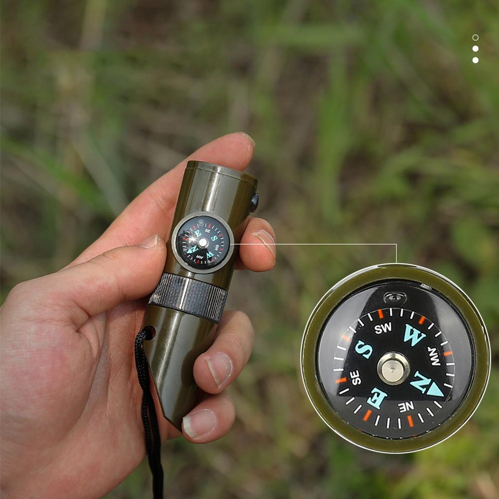 7 In 1 Survival Whistle Compass Thermometer Mirror Torch Magnifier Outdoor Tactical Camping Hiking Emergency Training Tools