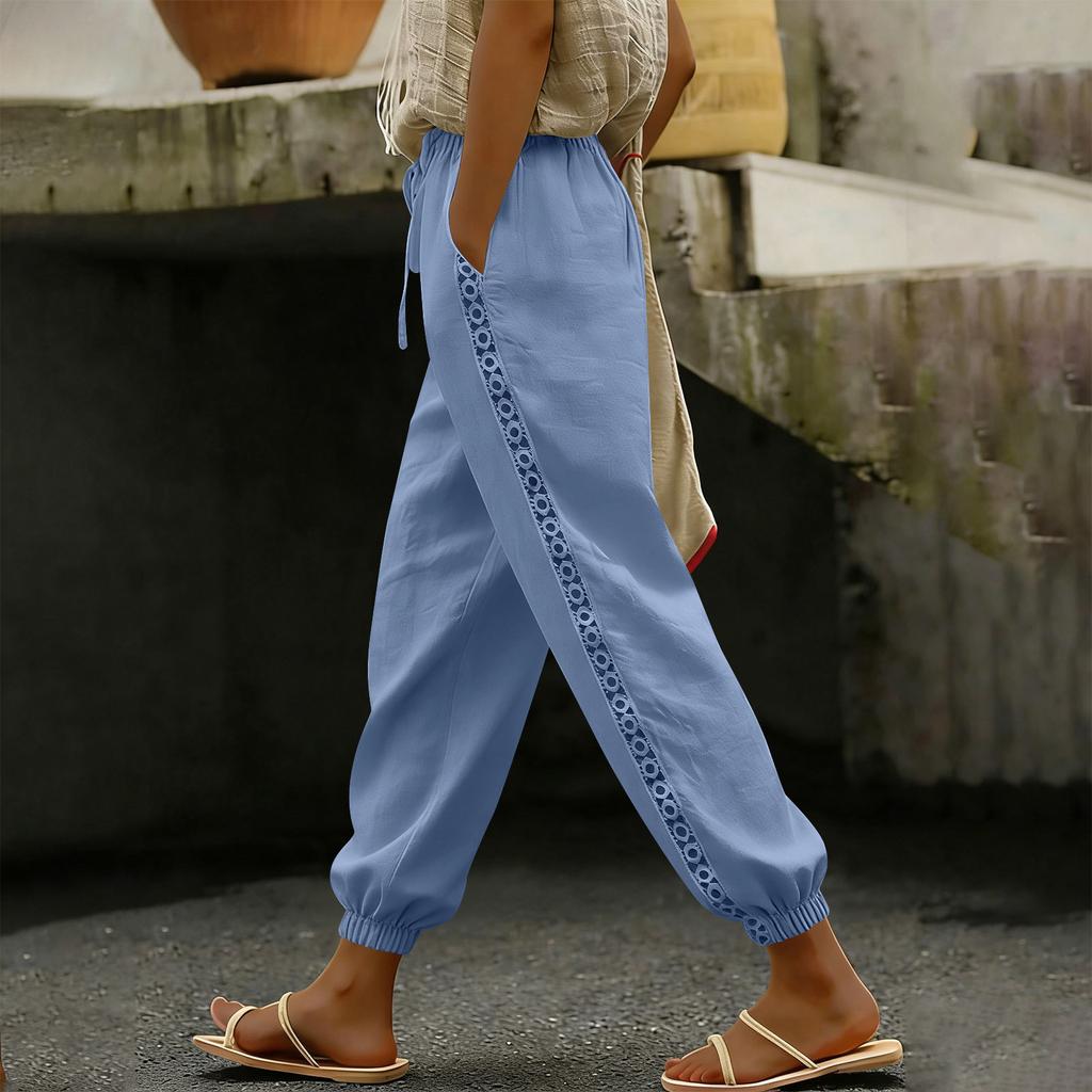 Women's Fashion Color Elastic Waist Drawstring Pocket Side Lace Small Legs Loose Casual Pants