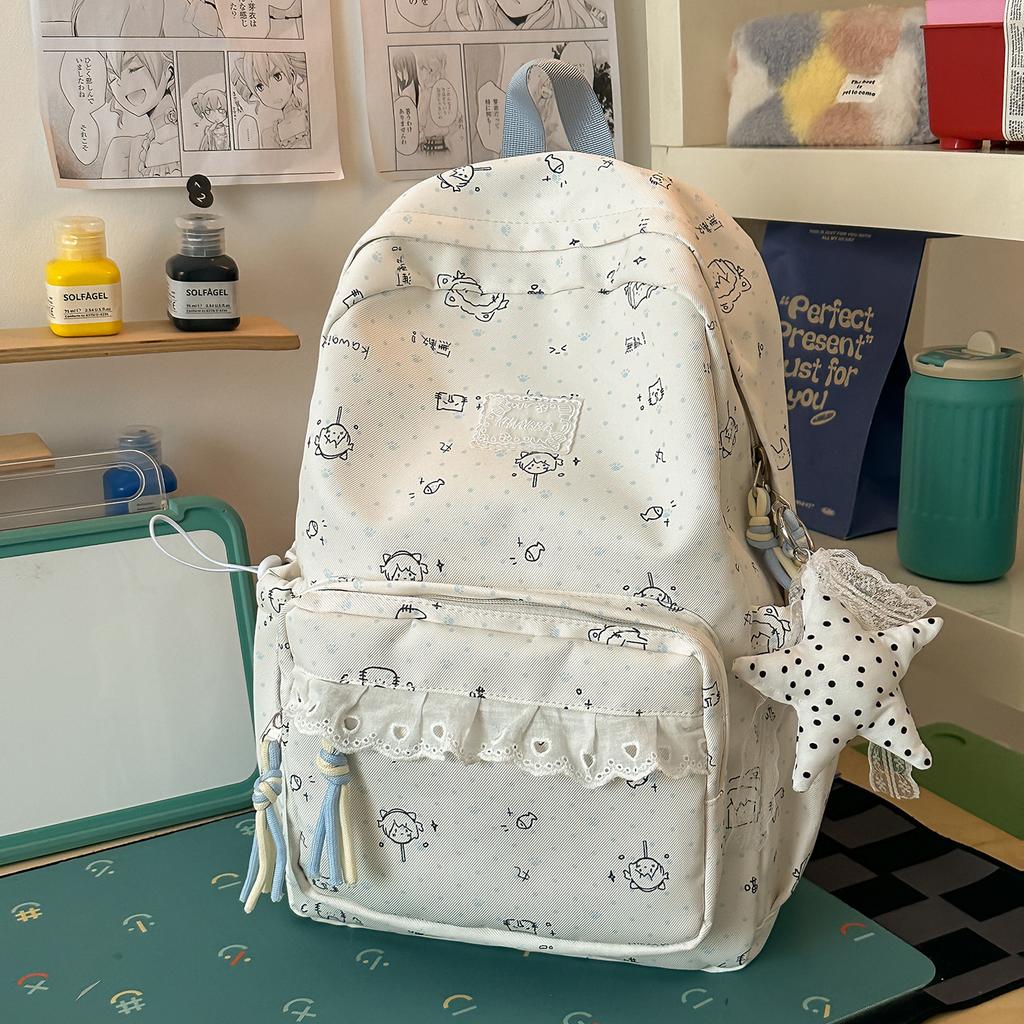 Schoolbag Japanese ins style cute cartoon print ballet style lace sweet soft sister travel leisure backpack