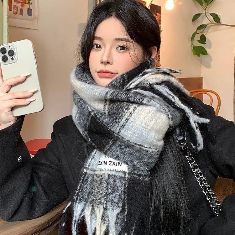 Korean Style Plaid Mohair Scarf - Women's Winter Imitation Cashmere Shawl