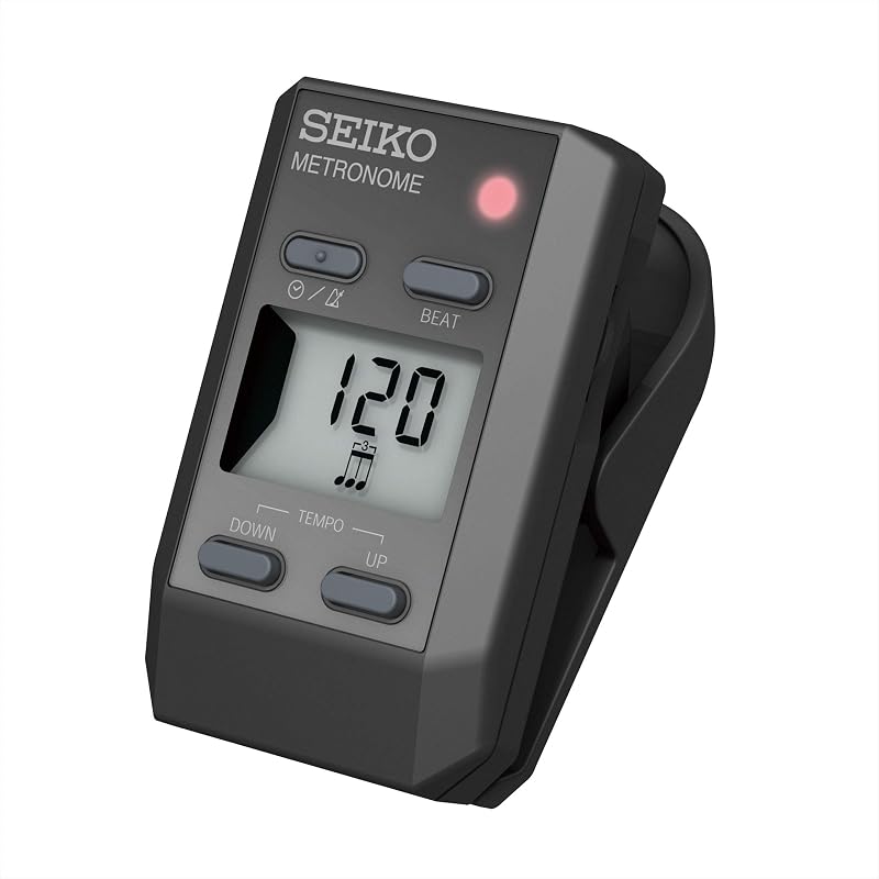 SEIKO DM51B Clip-on Digital Metronome, Black. Features a rotary volume control for adjusting volume and muting.