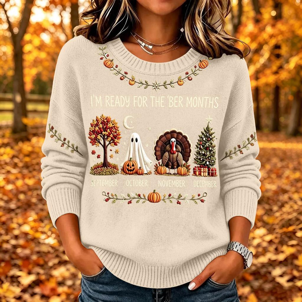 Women's Casual Long Sleeve Printed Crewneck Knit Top for Everyday Wear and Outings