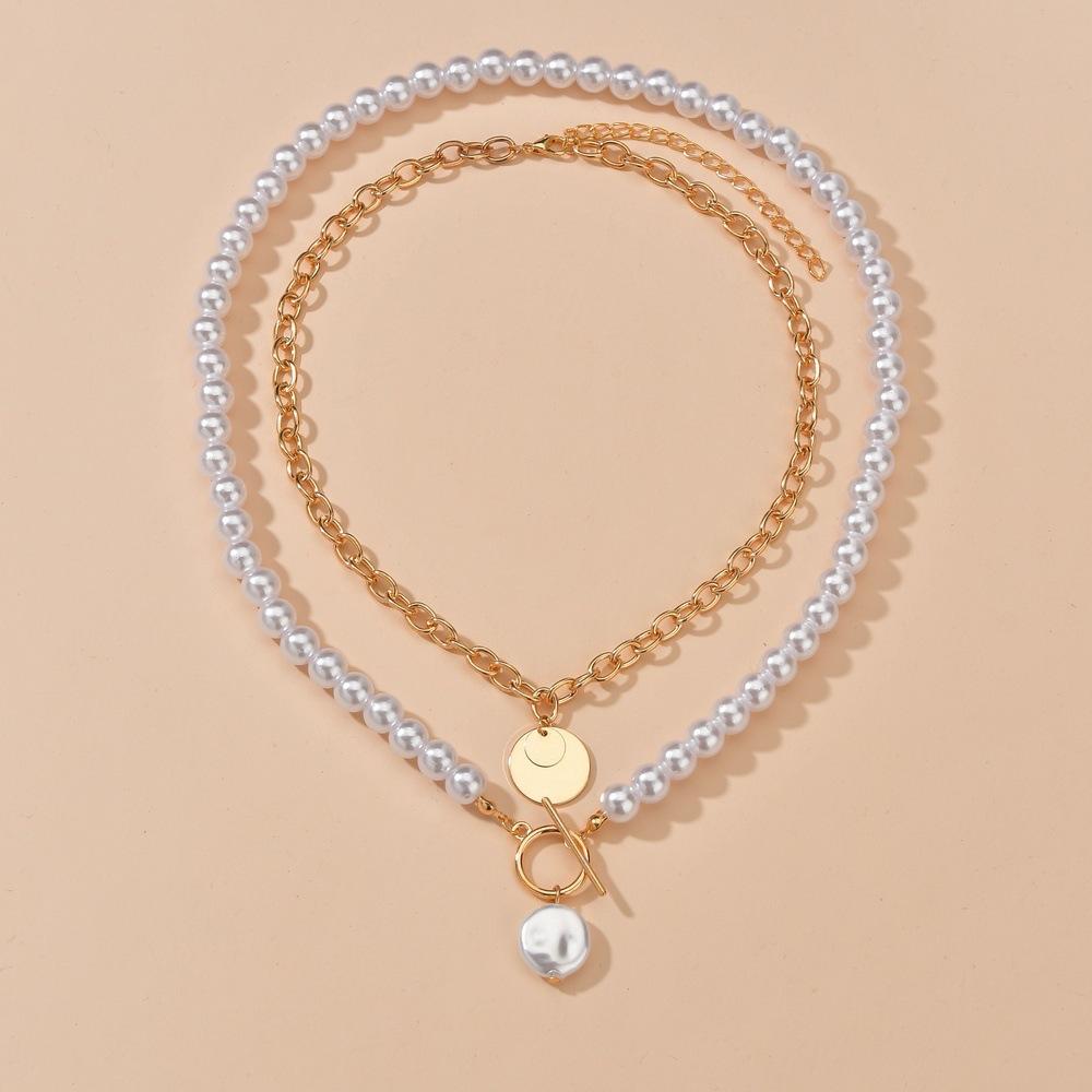 Simple imitation pearl multi-layer necklace retro round iron pendant necklace accessories