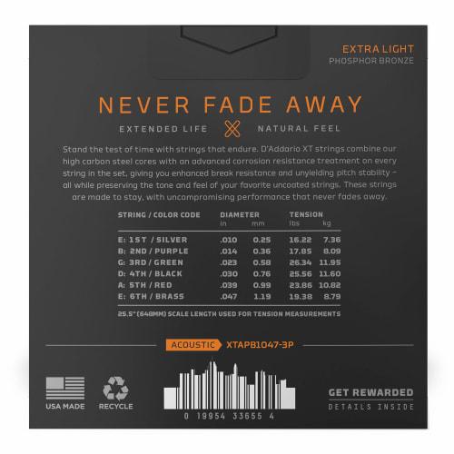 D'Addario XT Coated Acoustic Guitar Strings, Phosphor Bronze Extra Light, .010-.047, XTAPB1047-3P, 3-Pack