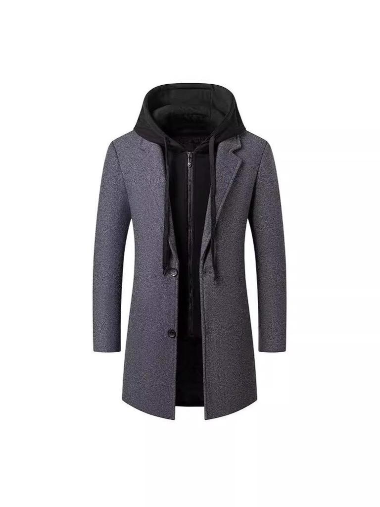 Korean-Style Men's Wool Blend Mid-Length Coat with Removable Hood