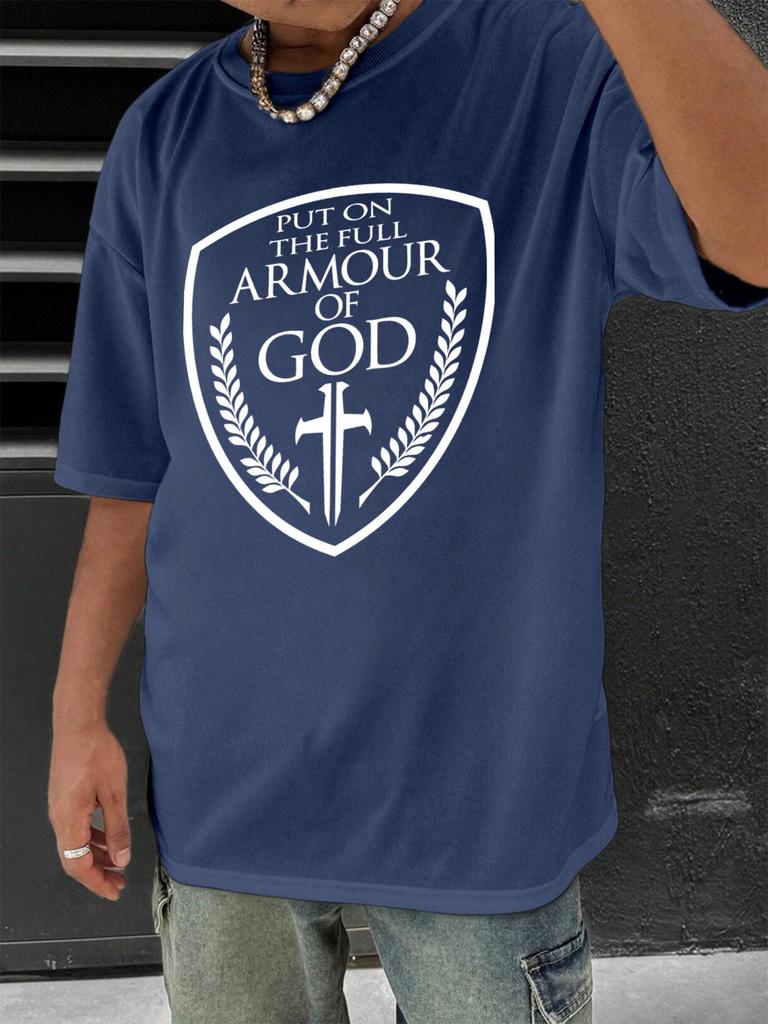 T Shirt for Man 100 Cotton Summer Armour of God Christian Print Casual Slim Fit Round Neck Short Sleeved Tshirt Top