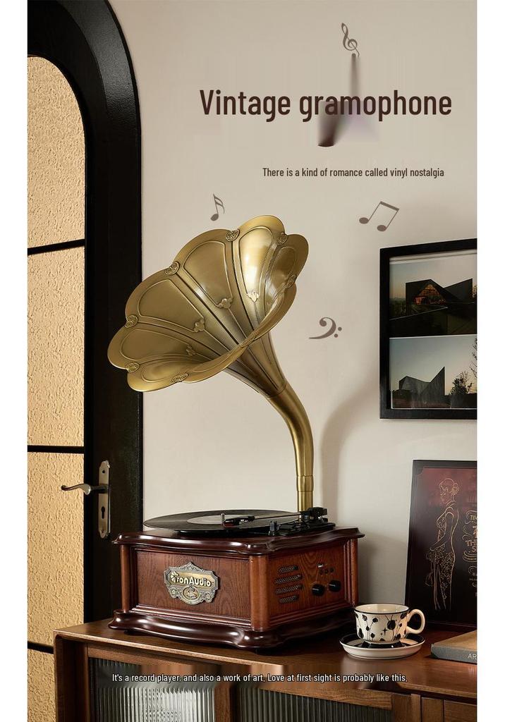 Tang Dian European-Style Gramophone LP Record Player - Creative Copper Wood Home Decor Audio Ornament for Living Room