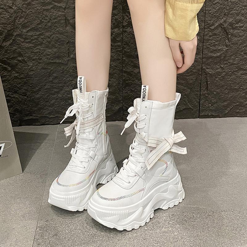 Fashion 8CM Women Chunky Mid-Calf Boots New Autumn Canvas High Platform Round Toe Ladies Shoes Tie Motorcycle Boots Winter Sneakers