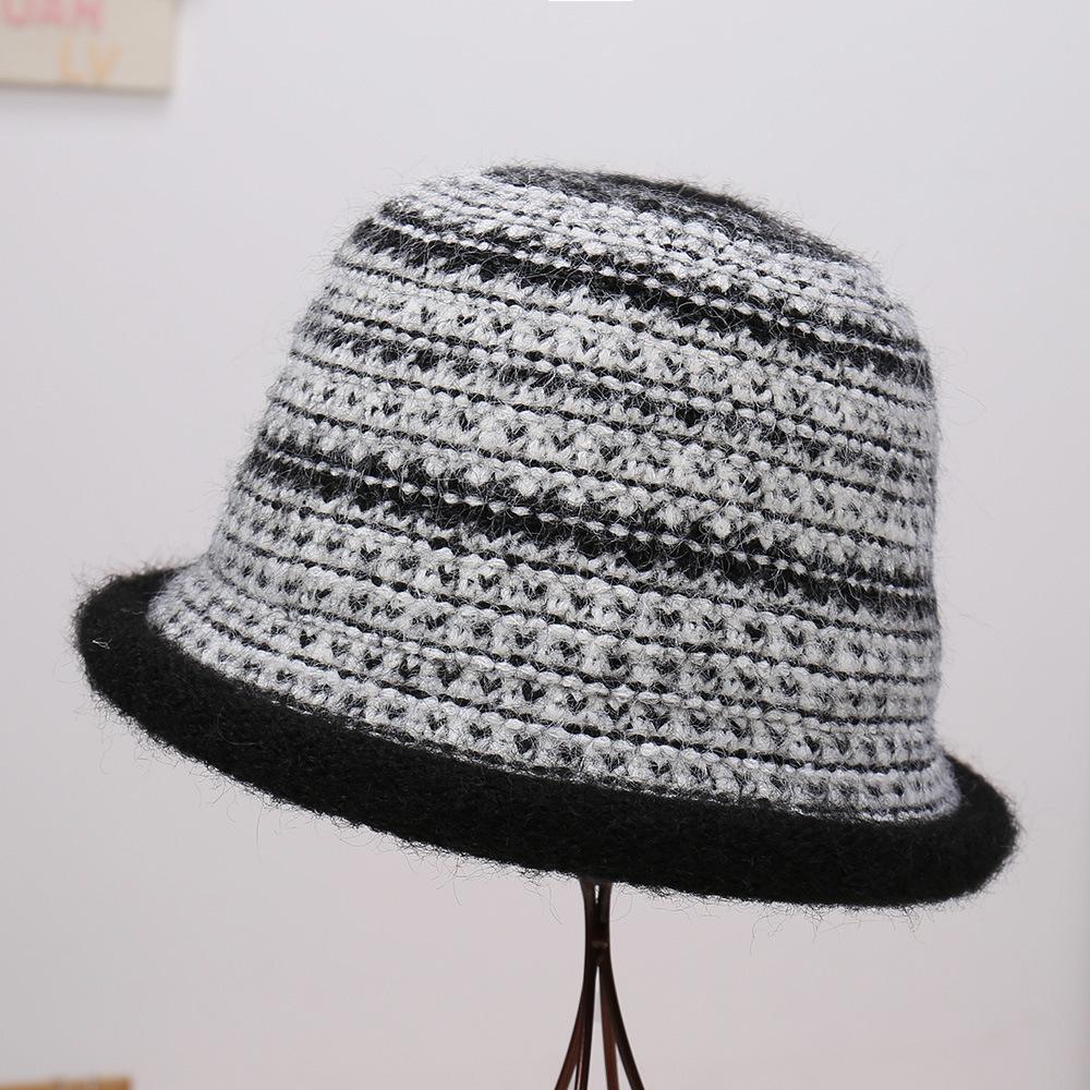 New Small Fresh Comfortable Warm Striped Knitted Comfortable Casual Bucket Hat Burr Edge Casual Warm Small Brim Basin Hat